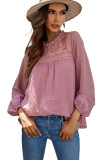 Pink Frill Neck Swiss Dot Puff Sleeve Blouse