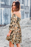 Multicolor Abstract Print Shirred Half Sleeve Square Neck Mini Dress