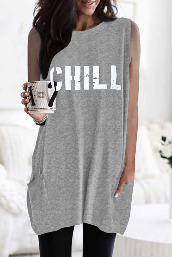 Gray CHILL Letters Graphic Tank with Pockets