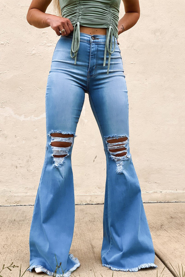 Sky Blue High Waist Raw Hem Button Ripped Flare Jeans