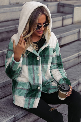 Plaid Button Up Hooded Fleece Coat