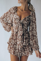 Brown Bubble Sleeve Floral Romper