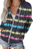 Black Tie-Dyed Zipper Pocket Drawstring Hooded Jacket