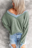 Green Waffle Knitted Loose V Neck Blouse