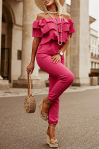Rose Ruffled Off Shoulder Jogger Jumpsuit