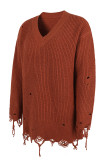 Ripped Raw Edge V Neck Plain Knit Sweaters