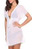 White Deep V Neck Pom Pom Beach Tunic