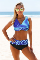 Blue Polka Dot Print Wrap V Neck Lace-up Back Bikini