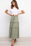 Green Solid Layered Ruffled Drawstring High Waist Maxi Skirt