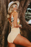 Floral and Striped Lace-up One-piece Swimwear