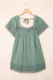 Green Lace Pom Pom Splicing Square Neck Blouse