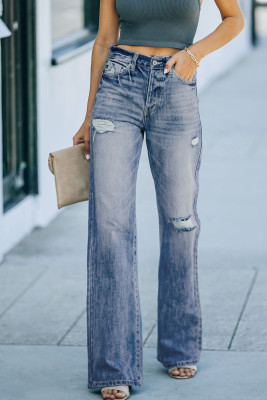 Blue High Rise Washed Distressed Flare Jeans