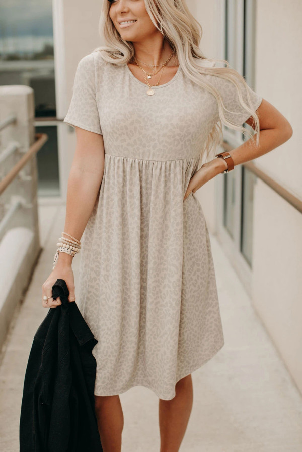 Khaki Leopard Print Short Sleeve Pleated Mini Dress
