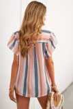 Multicolor Stripes Split Neck Pleated Ruffled Short Sleeves Top