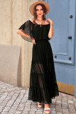 Black Off Shoulder Ruffle Swiss Dot Maxi Dress