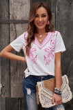 White Floral Pattern V Neck Short Sleeve Top