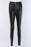Black Round Zipper PU Leather Pants