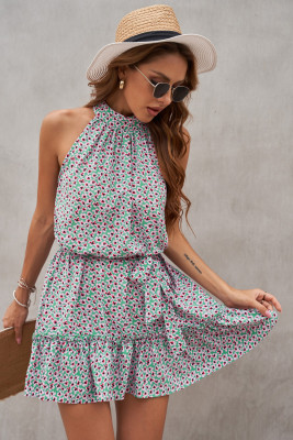 Green Halter Sleeveless Floral Mini Dress