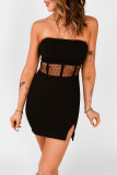 Black Polka Dot Mesh Patchwork Split Bandeau Bodycon Mini Dress