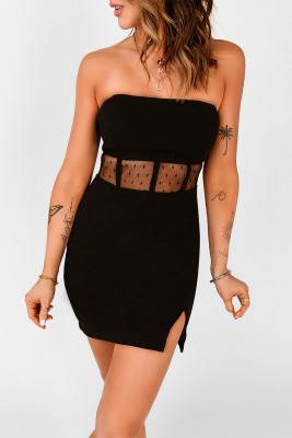 Black Polka Dot Mesh Patchwork Split Bandeau Bodycon Mini Dress