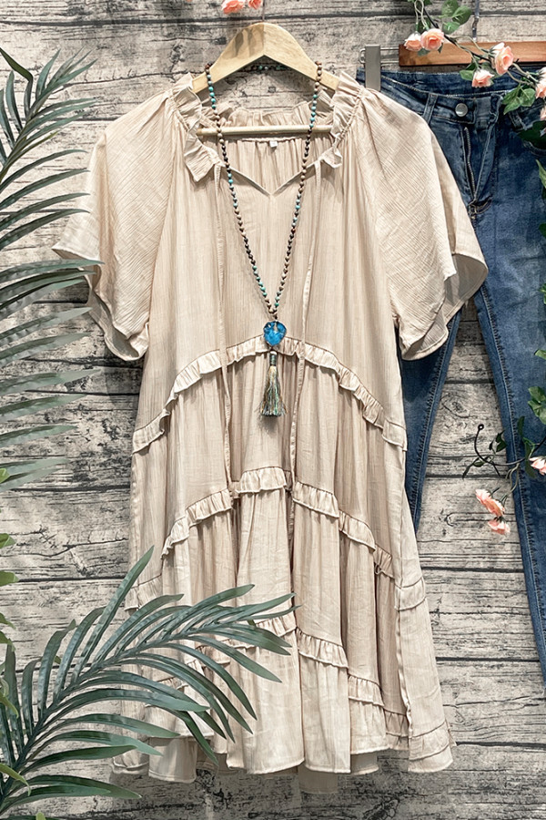 Khaki Tiered Pleated Ruffle Dress