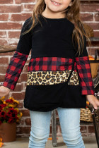 Little Girls Plaid and Leopard Colorblock Long Sleeve Top