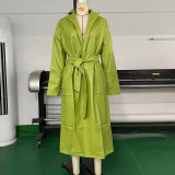 Plain Waist Tie PU Leather Long Coat