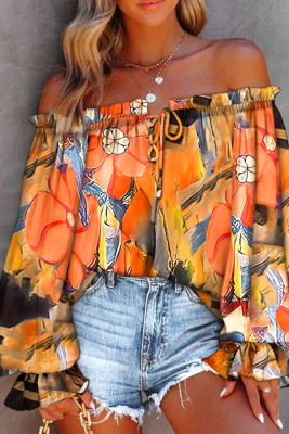 Orange Floral Print Drawstring Ruffled Off Shoulder Loose Blouse