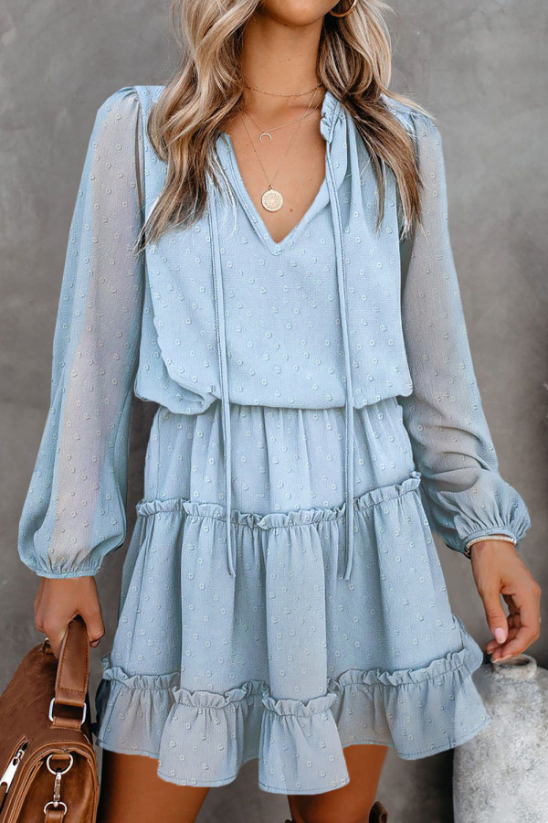 Sky Blue Swiss Dot Bubble Sleeve Ruffle Mini Dress