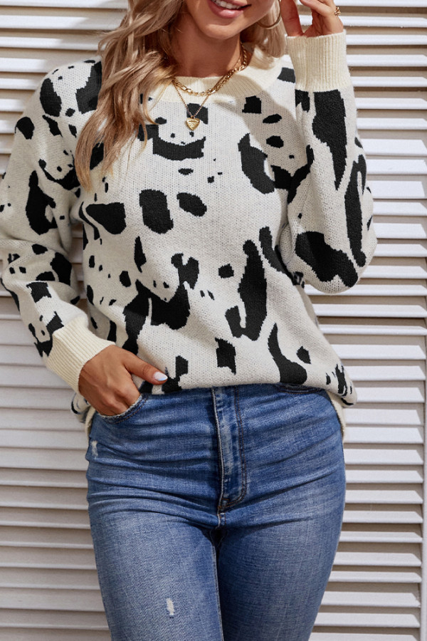 Cow Print Long Sleeve Pullover Sweater