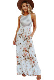 White Striped Floral Print Sleeveless Maxi Dress with Pocket