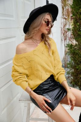 Plain Crochet Knit V Neck Pullover Sweaters