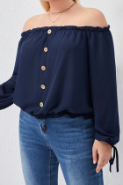 Navy Off Shoulder Button Down Gathering Hem Plus Size Long Sleeves Top