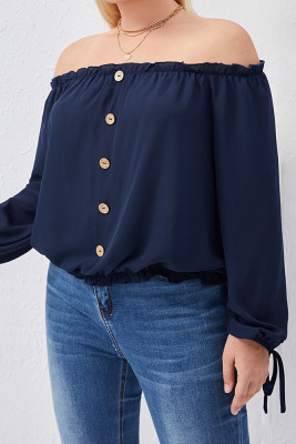 Navy Off Shoulder Button Down Gathering Hem Plus Size Long Sleeves Top