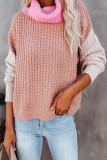 Pink High Neck Stitching Knitted Sweater