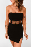 Black Polka Dot Mesh Patchwork Split Bandeau Bodycon Mini Dress