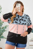 Plus Size Leopard Colorblock Splicing Hoodie with Pocket