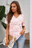 Pink V Neck Front Pocket Camo Tee