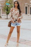Khaki Floral Print Tie V Neck Button Up Blouse