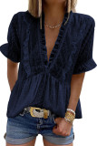 Blue Ruffled V Neck Frill Hem Swiss Dot Blouse