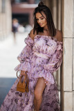 Purple Off Shoulder Side Slit Maxi Floral Dress
