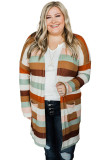 Stripe Print Open Front Plus Size Cardigan with Pocket