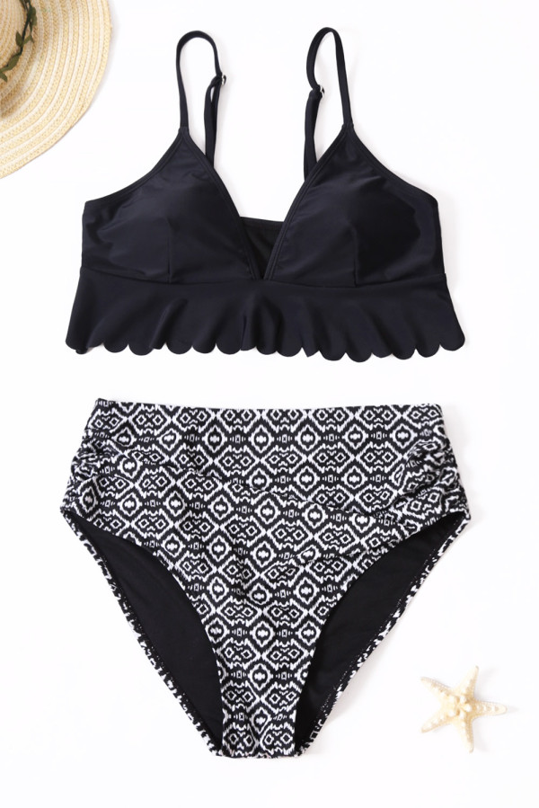 V-neck Scalloped Underbust High Waist Bikini