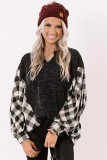 Black Buffalo Plaid Splicing Split Neck Knit Top
