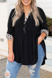 Black Plus Size Leopard Trim Frayed Babydoll Top
