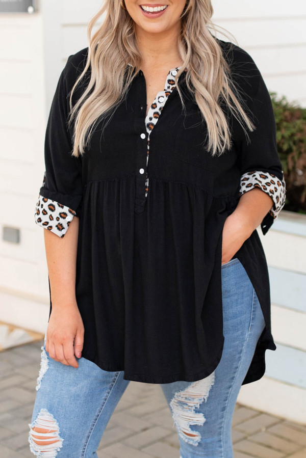 Black Plus Size Leopard Trim Frayed Babydoll Top