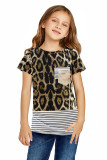 Leopard Print Splicing Stripes Girls’ T-shirt