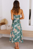 Green Floral Print Bust Knot Long Dress with Slit
