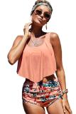 Salmon Print Crop Ruffled Overlay High Waist Tankini