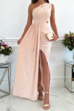 Apricot Pleated One-Shoulder Slit Maxi Evening Dress